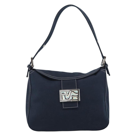 FENDI Mamma Baguette Shoulder Bag Canvas Navy Silver Auth 187955V