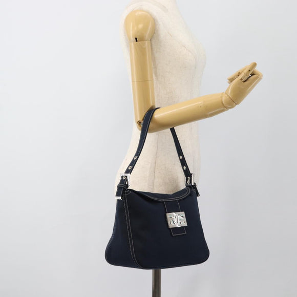 FENDI Mamma Baguette Shoulder Bag Canvas Navy Silver Auth 187955V