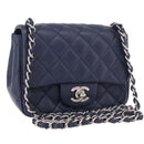 CHANEL Mini Matelasse 17 Chain Bag Lamb Skin Navy Silver CC Auth 187962SAM-1