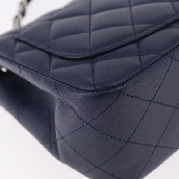 CHANEL Mini Matelasse 17 Chain Bag Lamb Skin Navy Silver CC Auth 187962SAM
