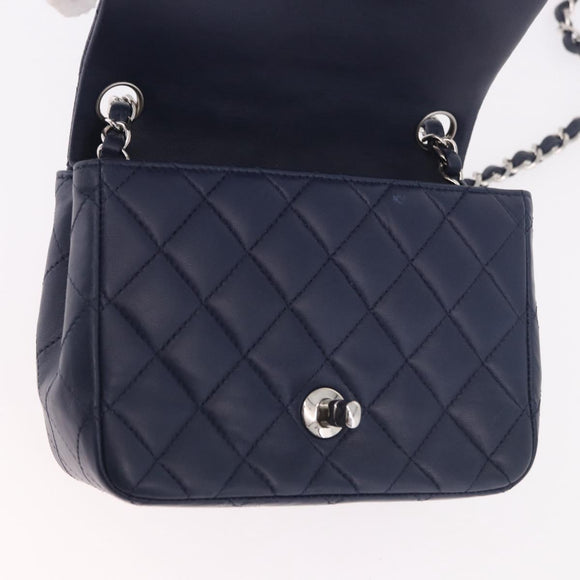 CHANEL Mini Matelasse 17 Chain Bag Lamb Skin Navy Silver CC Auth 187962SAM