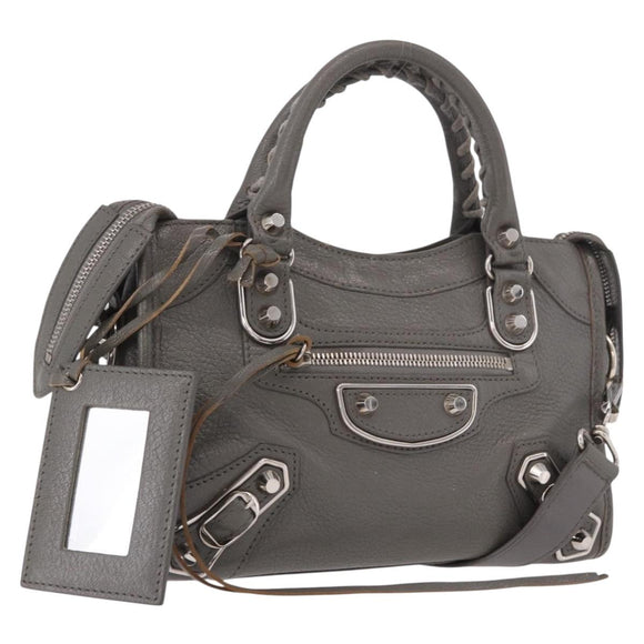 BALENCIAGA Leather Classic Metallic Edge Mini City 2way Gray Silver Auth 187985M