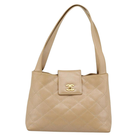 CHANEL Matelasse Caviar Skin Shoulder Bag Beige Gold CC Auth 187987M