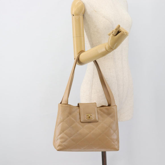 CHANEL Matelasse Caviar Skin Shoulder Bag Beige Gold CC Auth 187987M