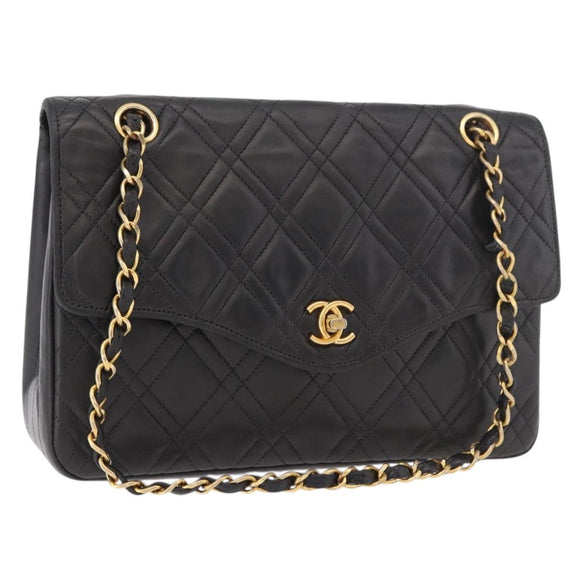 CHANEL Matelasse Chain Shoulder Bag Lamb Skin Black Gold CC Auth 188003A