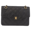 CHANEL Matelasse Chain Shoulder Bag Lamb Skin Black Gold CC Auth 188003A-2