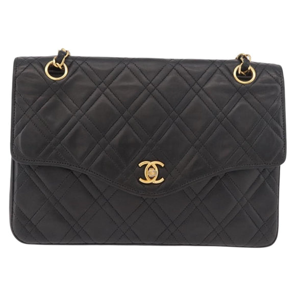 CHANEL Matelasse Chain Shoulder Bag Lamb Skin Black Gold CC Auth 188003A