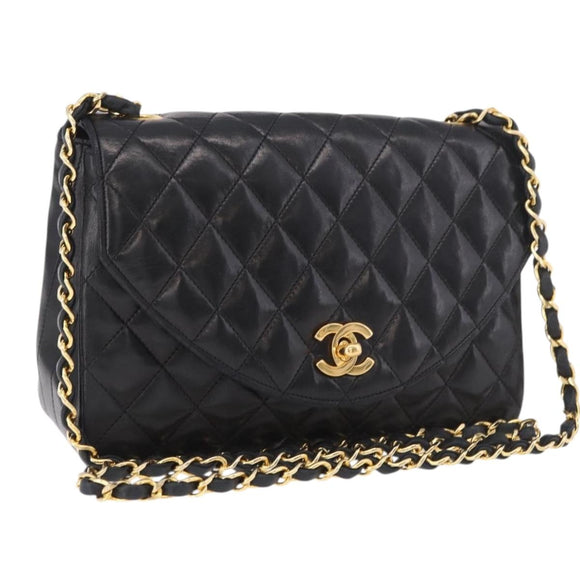 CHANEL Matelasse Chain Shoulder Bag Lamb Skin Black Gold CC Auth 188004M