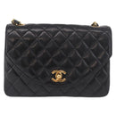CHANEL Matelasse Chain Shoulder Bag Lamb Skin Black Gold CC Auth 188004M-13