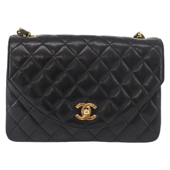 CHANEL Matelasse Chain Shoulder Bag Lamb Skin Black Gold CC Auth 188004M