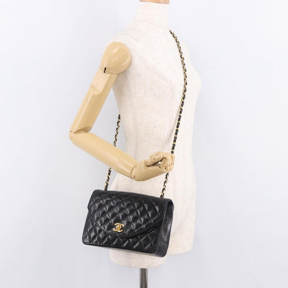 CHANEL Matelasse Chain Shoulder Bag Lamb Skin Black Gold CC Auth 188004M