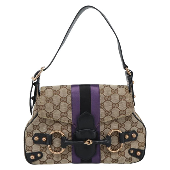 GUCCI GG Canvas Horsebit Shoulder Bag Beige 129699 Auth 188006V
