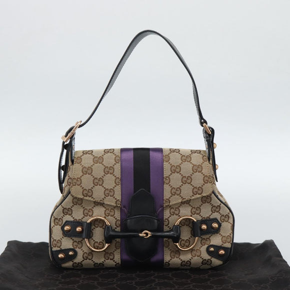 GUCCI GG Canvas Horsebit Shoulder Bag Beige 129699 Auth 188006V