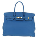 HERMES Birkin 35 Hand Bag Leather Blue Gold Auth 188015SM-13