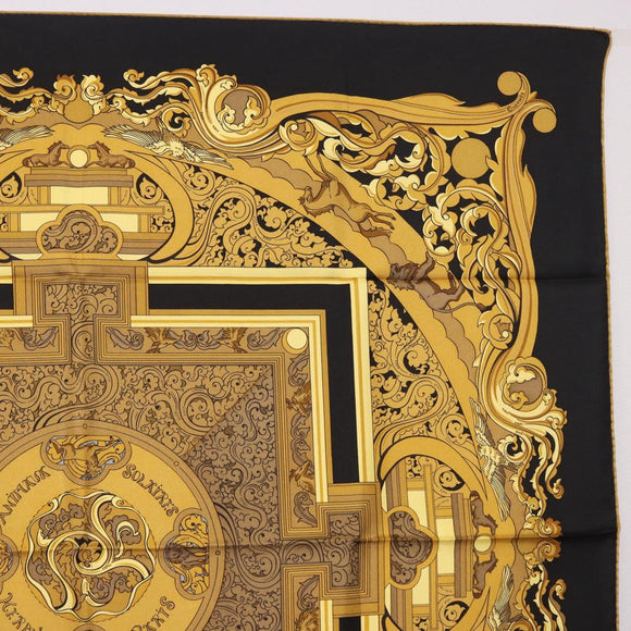 HERMES Carre90 Scarf Silk "ANIMAUX SOLAIRES" Black Auth 188023M