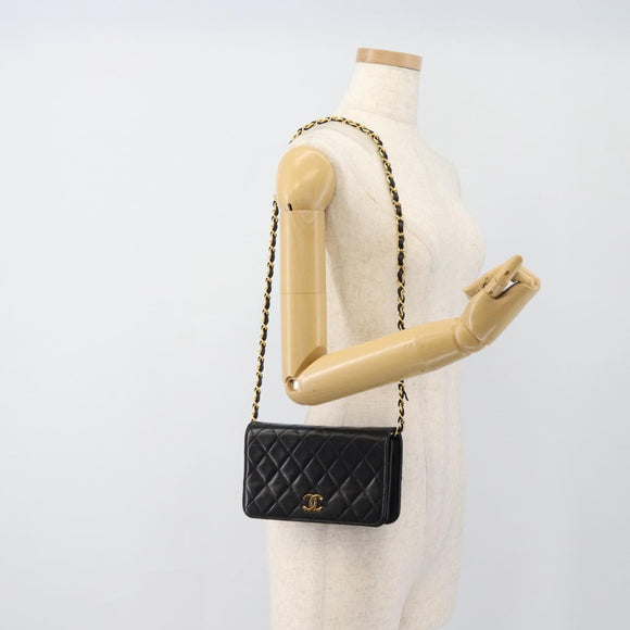 CHANEL Matelasse Chain Shoulder Bag Lamb Skin Black Gold CC Auth 188053