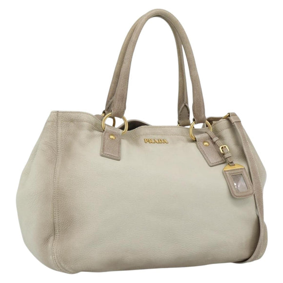 PRADA Tote Bag Leather 2way Beige Auth 188056