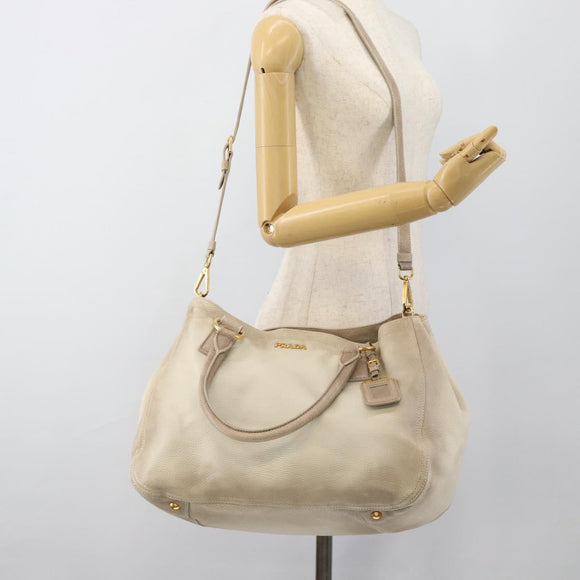 PRADA Tote Bag Leather 2way Beige Auth 188056