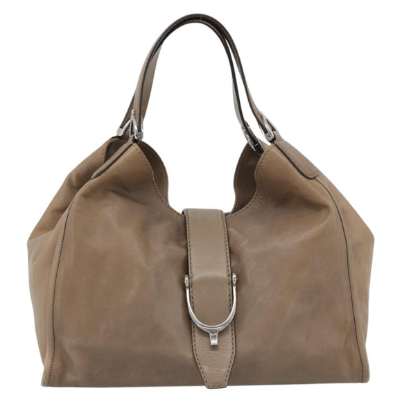 GUCCI Horsebit Hand Bag Leather Beige Auth 188082A