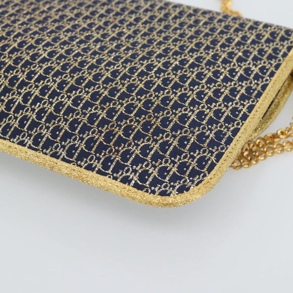 Christian Dior Trotter Canvas Chain Shoulder Bag Navy Gold Auth 188088A