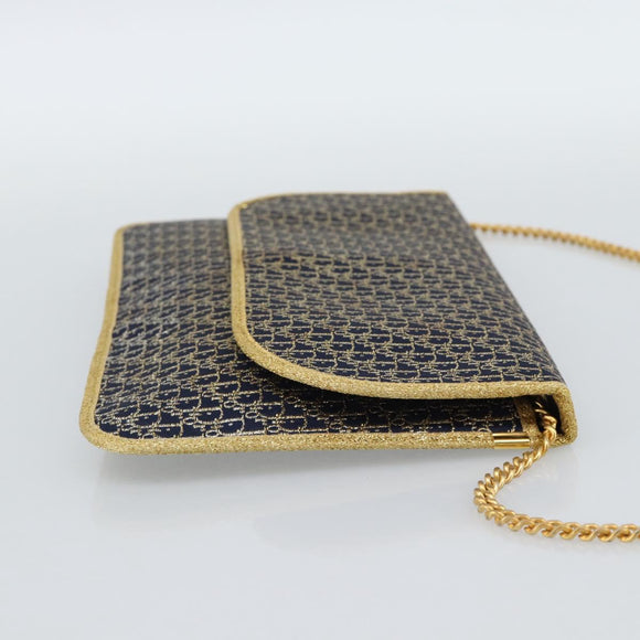 Christian Dior Trotter Canvas Chain Shoulder Bag Navy Gold Auth 188088A