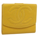CHANEL COCO Mark Bifold Wallet Caviar Skin Yellow CC Auth 188105M-1