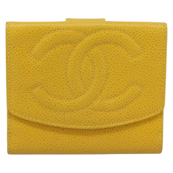 CHANEL COCO Mark Bifold Wallet Caviar Skin Yellow CC Auth 188105M