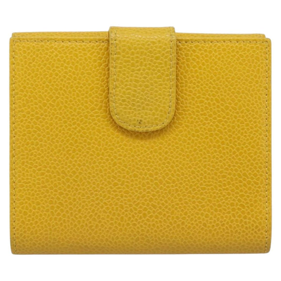 CHANEL COCO Mark Bifold Wallet Caviar Skin Yellow CC Auth 188105M