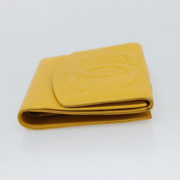 CHANEL COCO Mark Bifold Wallet Caviar Skin Yellow CC Auth 188105M