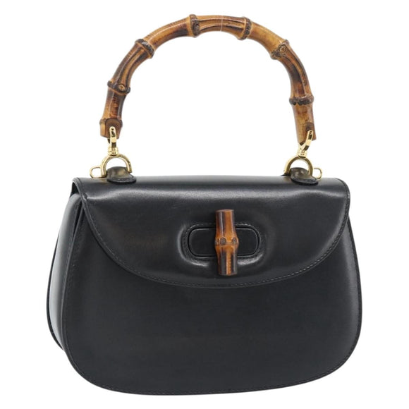 GUCCI Bamboo Hand Bag Leather 2way Black Gold 000 2046 0188 Auth 188235V