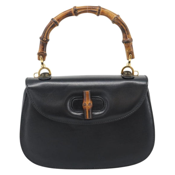 GUCCI Bamboo Hand Bag Leather 2way Black Gold 000 2046 0188 Auth 188235V