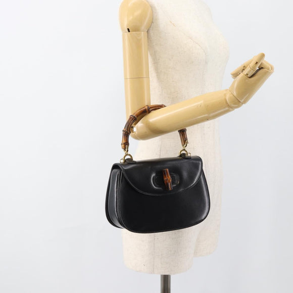 GUCCI Bamboo Hand Bag Leather 2way Black Gold 000 2046 0188 Auth 188235V