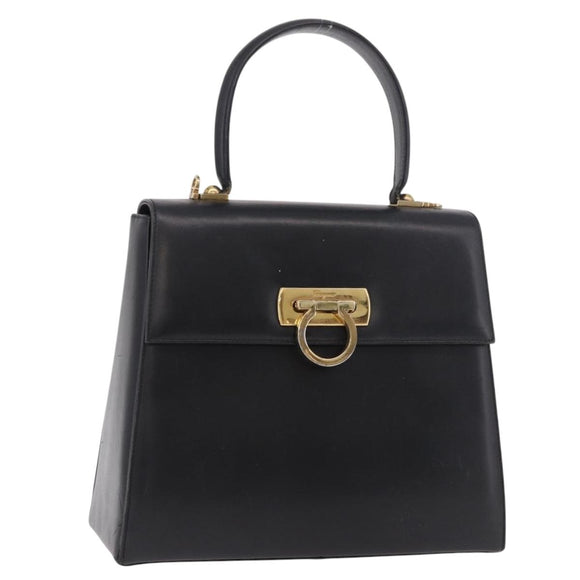 Salvatore Ferragamo Gancini Hand Bag Leather Black Gold Auth 188245