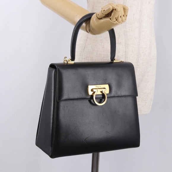 Salvatore Ferragamo Gancini Hand Bag Leather Black Gold Auth 188245