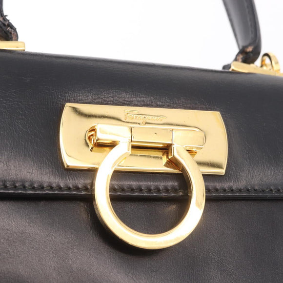 Salvatore Ferragamo Hand Bag Leather 2way Black Gold Auth 188257