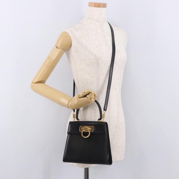 Salvatore Ferragamo Hand Bag Leather 2way Black Gold Auth 188257
