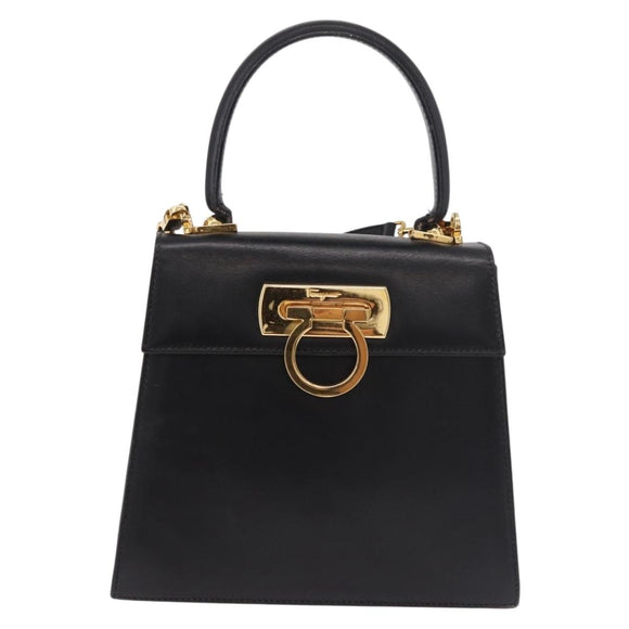 Salvatore Ferragamo Handtas Leer 2way Zwart Goud Auth 188257