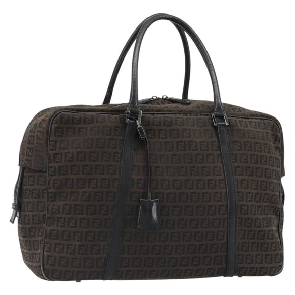 FENDI Zucchino Canvas Boston Bag Dark Brown Silver Auth 188276