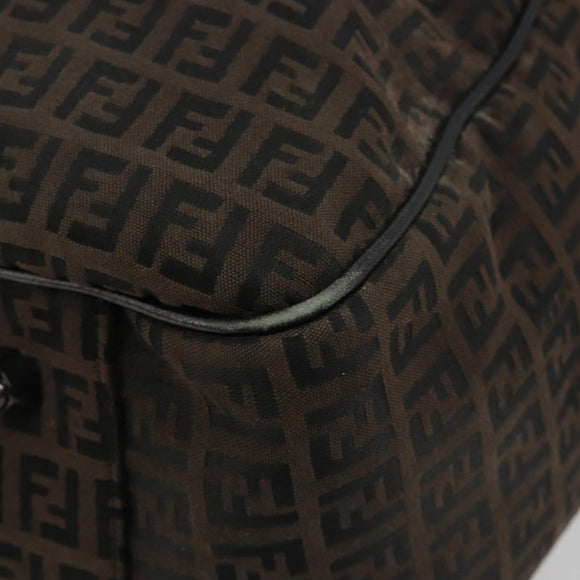 FENDI Zucchino Canvas Boston Bag Dark Brown Silver Auth 188276