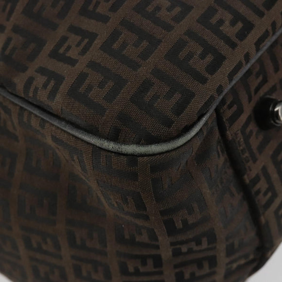 FENDI Zucchino Canvas Boston Bag Dark Brown Silver Auth 188276