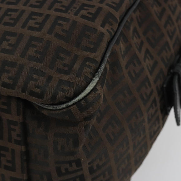 FENDI Zucchino Canvas Boston Bag Dark Brown Silver Auth 188276