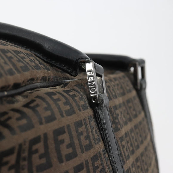 FENDI Zucchino Canvas Boston Bag Dark Brown Silver Auth 188276