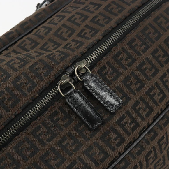 FENDI Zucchino Canvas Boston Bag Dark Brown Silver Auth 188276