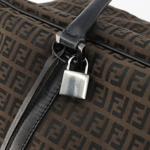FENDI Zucchino Canvas Boston Bag Dark Brown Silver Auth 188276
