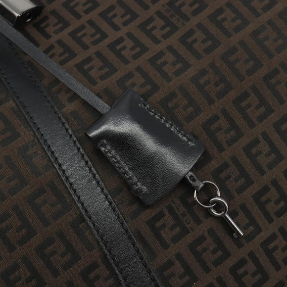 FENDI Zucchino Canvas Boston Bag Dark Brown Silver Auth 188276