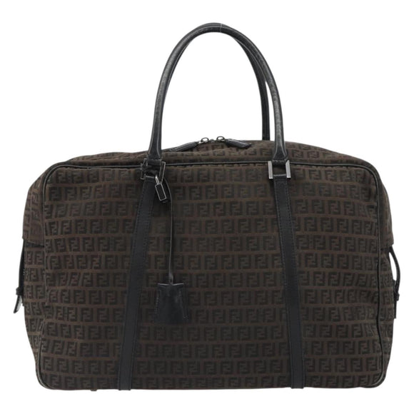 FENDI Zucchino Canvas Boston Bag Dark Brown Silver Auth 188276