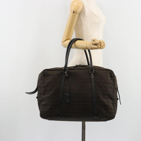FENDI Zucchino Canvas Boston Bag Dark Brown Silver Auth 188276