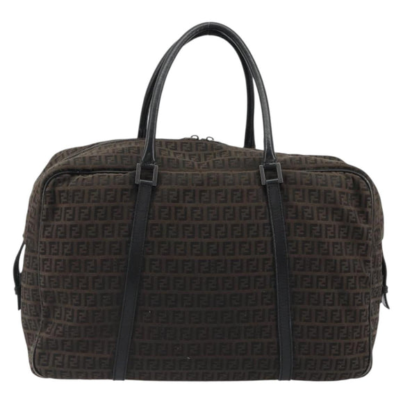 FENDI Zucchino Canvas Boston Bag Dark Brown Silver Auth 188276
