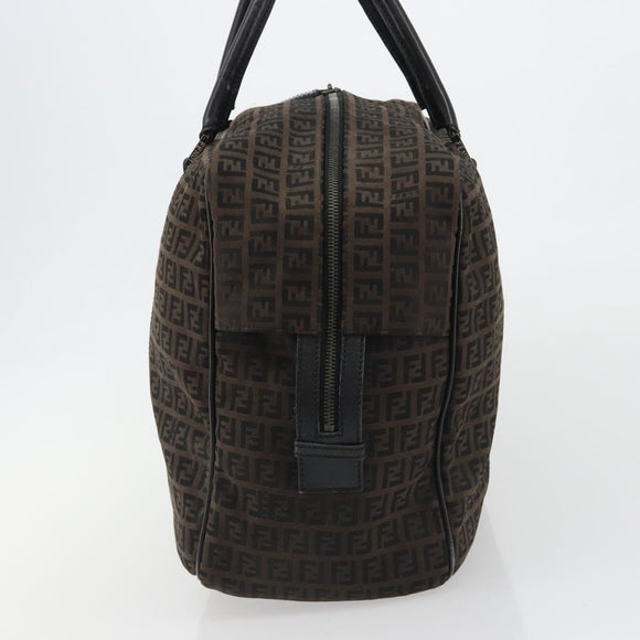 FENDI Zucchino Canvas Boston Bag Dark Brown Silver Auth 188276