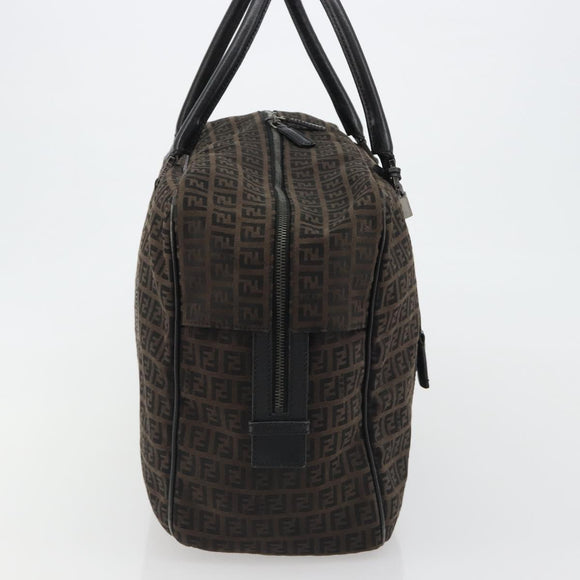 FENDI Zucchino Canvas Boston Bag Dark Brown Silver Auth 188276